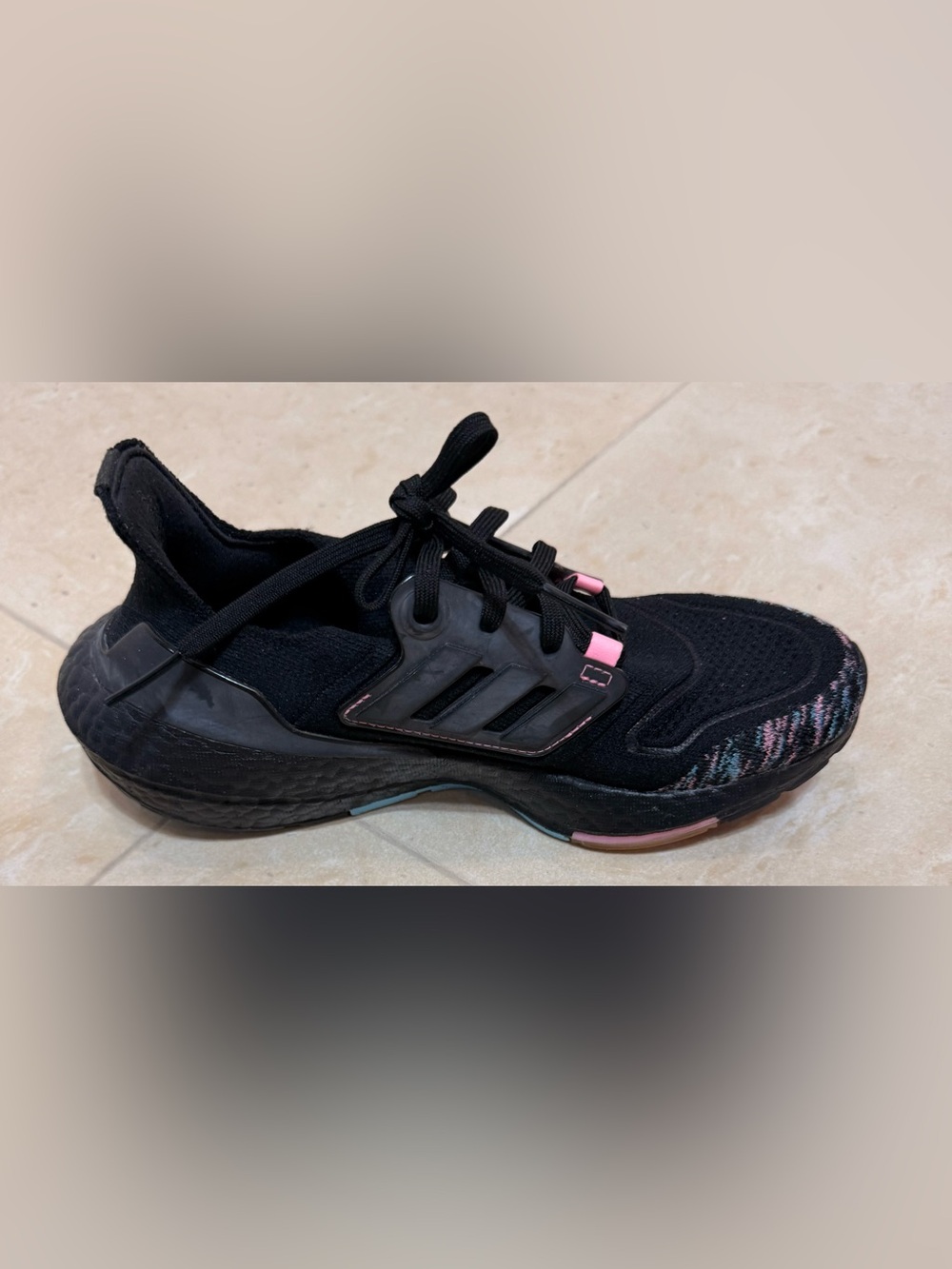 adidas Ultraboost Women’s  Black Knit Running Sneakers with Pink Accents US:6”